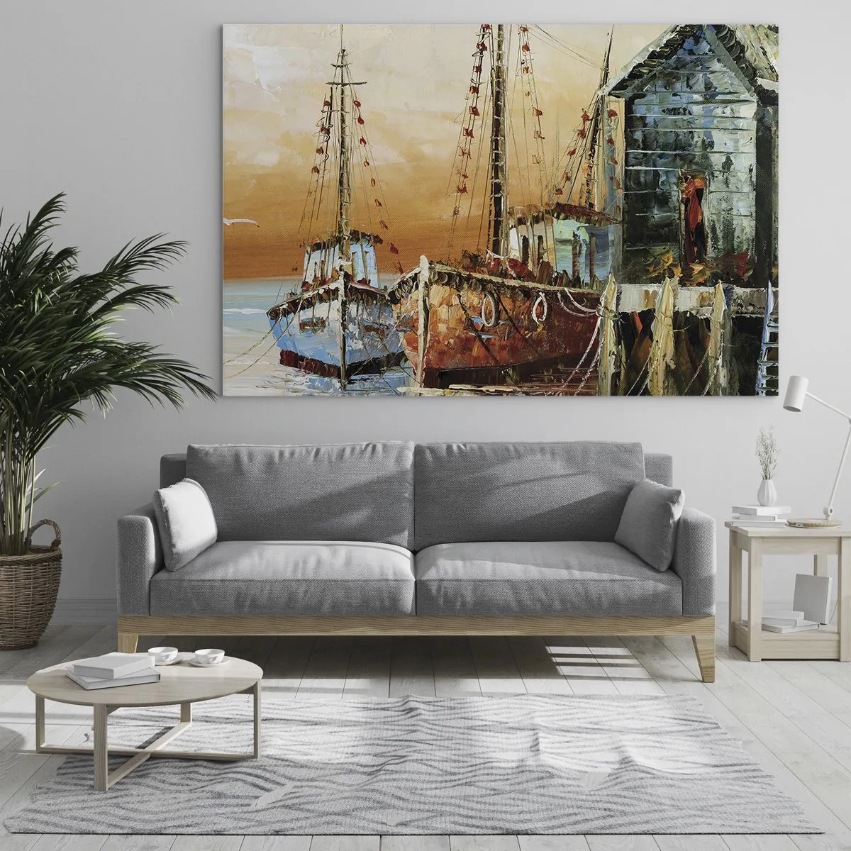 Obraz na skle - Farebné lode v prístave - 70x50cm - Pokojný návrat - Moderná nástenná dekorácia do obývacej izby a spálne ARTTOR