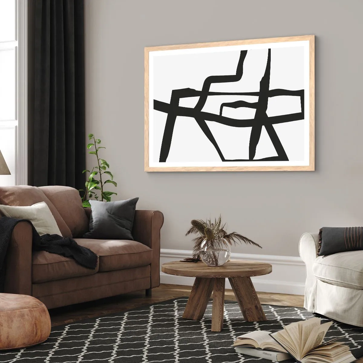 Plagát v ráme zo svetlého duba - Čiernobiela konštrukcia - 70x50 cm