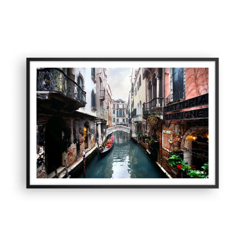 Plagát v čiernom ráme - Benátska krajina s gondolou a mostíkom - 91x61 cm