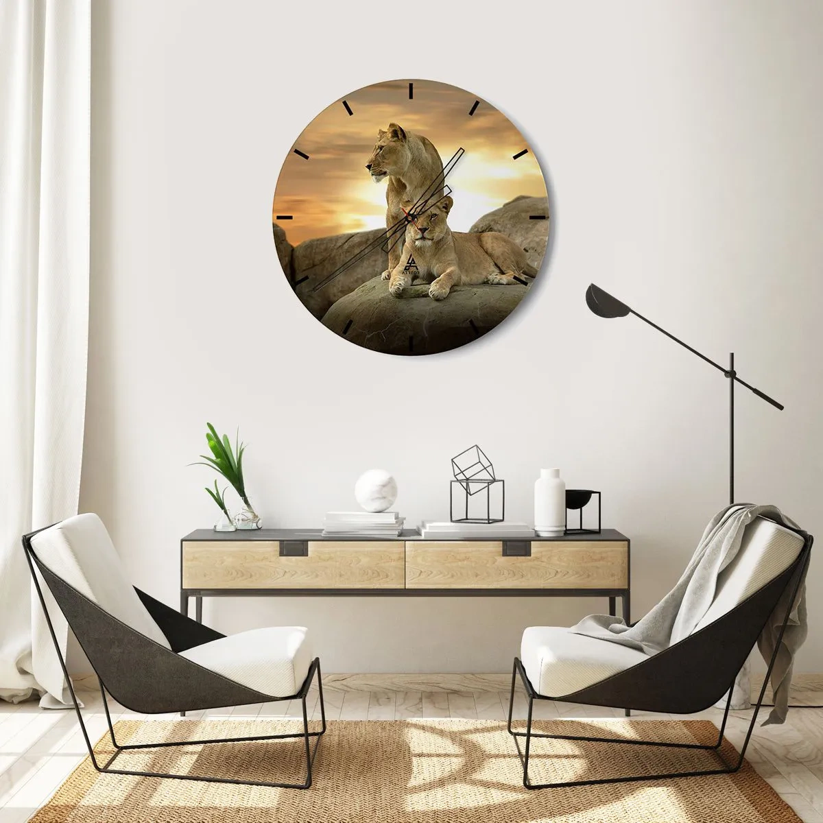 Nástenné hodiny - Dva levy proti zapadajúcemu slnku - 30x30cm - Kráľovský majestát - Moderná nástenná dekorácia do obývacej izby, kuchyne a spálne ARTTOR