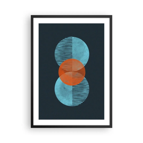 Plagát v čiernom ráme - Symetrické kruhy v odtieňoch modrej a oranžovej s čiarami - 50x70cm - Symetrická kompozícia - Moderná nástenná dekorácia do obývacej izby a spálne ARTTOR