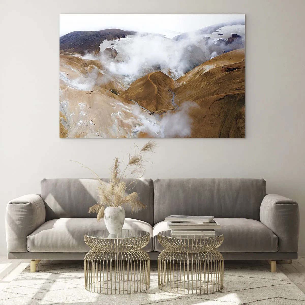 Obraz na skle - Letecký pohľad na horúce islandské kopce a údolia - 70x50cm - Drsná krása Islandu - Moderná nástenná dekorácia do obývacej izby a spálne ARTTOR