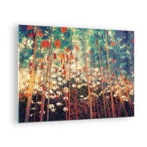 Obraz na skle - Farebný bambusový les s teplým osvetlením - 70x50cm - Tajný život listov - Moderná nástenná dekorácia do obývacej izby a spálne ARTTOR