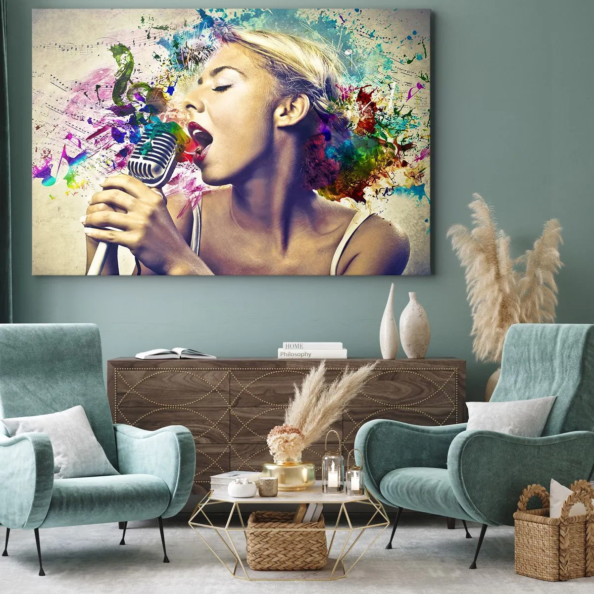 Obraz na plátne - Umelecký portrét spievajúcej ženy s farebnými efektmi - 70x50cm - Pomaľovať hlasom svet - Moderná nástenná dekorácia do obývacej izby a spálne ARTTOR