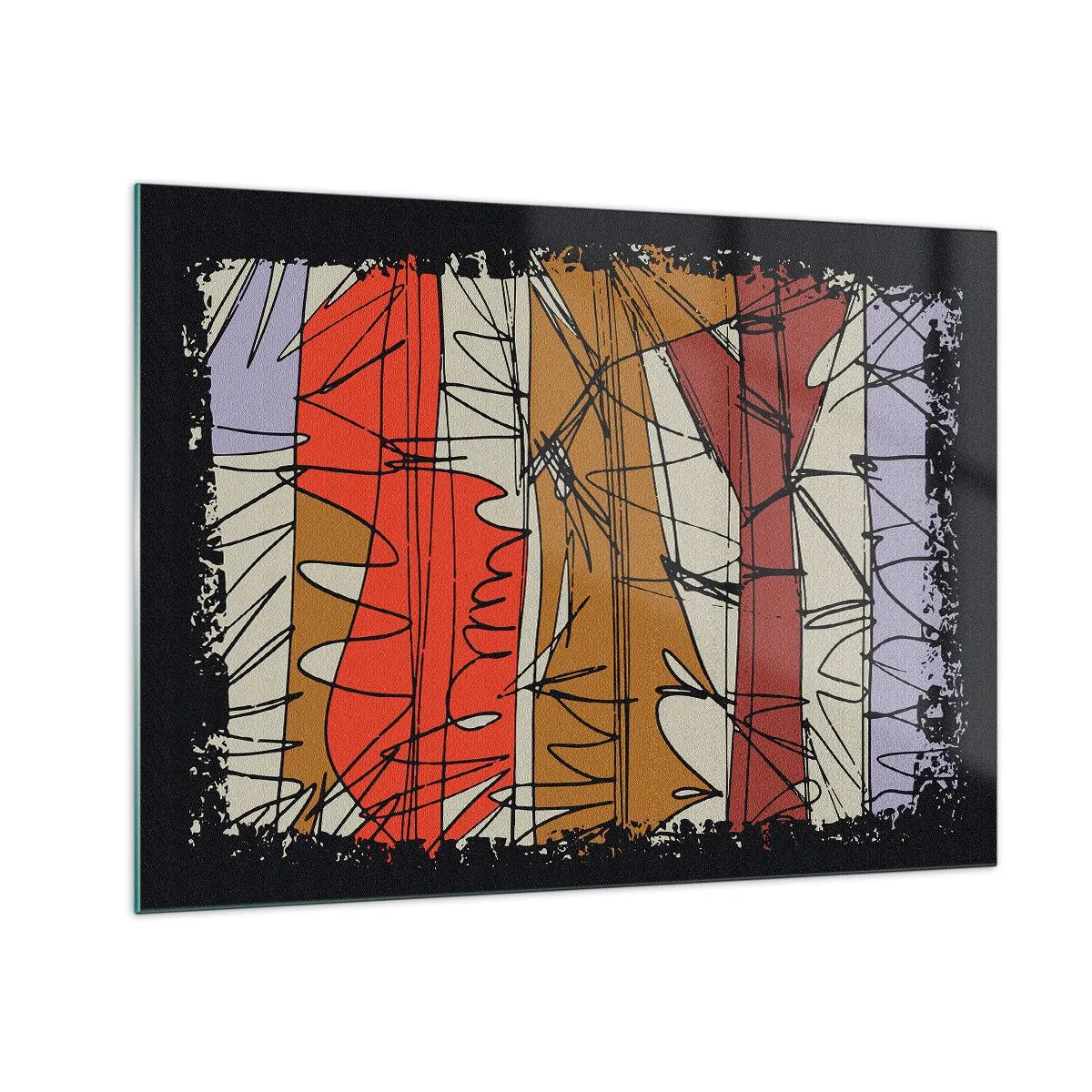 Obraz na skle - Grafická abstrakcia s farebnými pruhmi a čiernymi čiarami - 70x50cm - Spontánna kompozícia - Moderná nástenná dekorácia do obývacej izby a spálne ARTTOR
