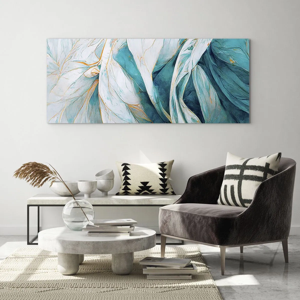 Obraz na skle - Modrá abstrakcia so zlatým motívom - 100x40 cm