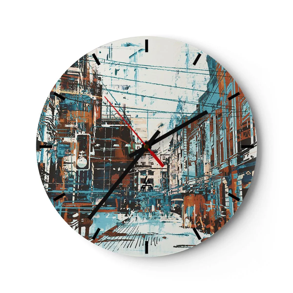 Nástenné hodiny - Abstraktná mestská ulica v odtieňoch modrej a hnedej - 30x30cm - Zdolaný mestský chodník - Moderná nástenná dekorácia do obývacej izby, kuchyne a spálne ARTTOR