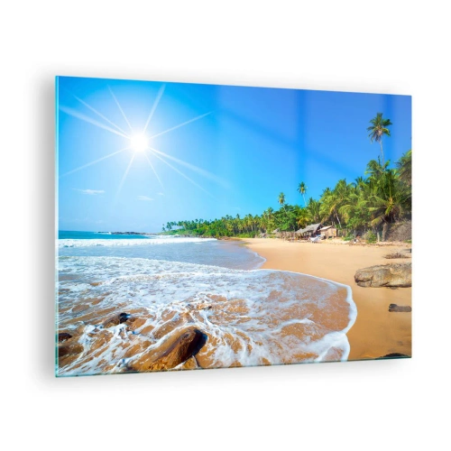 Obraz na skle - Tropická pláž s palmami a vlnami pod modrou oblohou - 70x50cm - Exotické miesto pre teba - Moderná nástenná dekorácia do obývacej izby a spálne ARTTOR