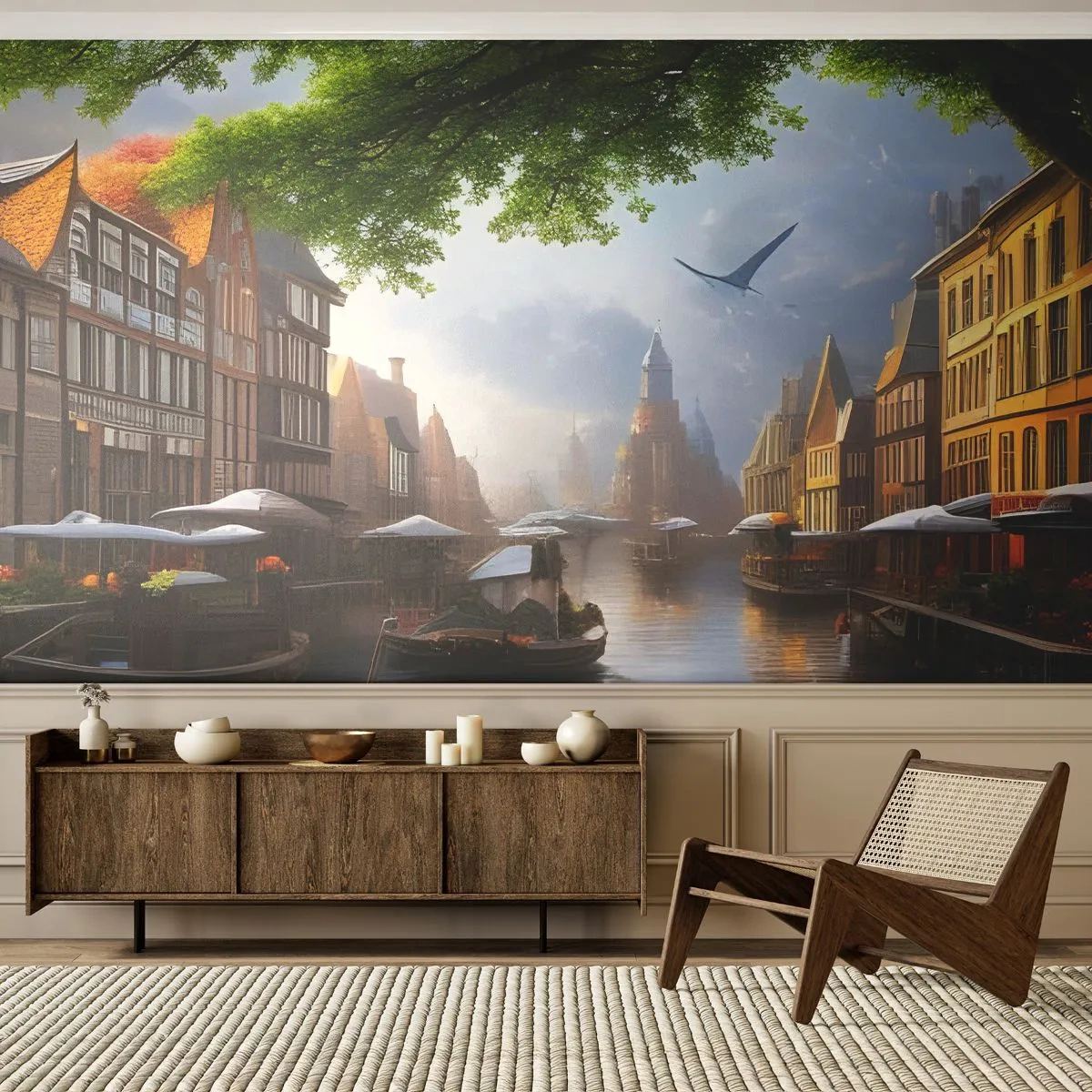 Fototapeta Premium Sand - Holandská mestská krajinka - Staré Mesto, Lode, Kanál - 100x70 cm