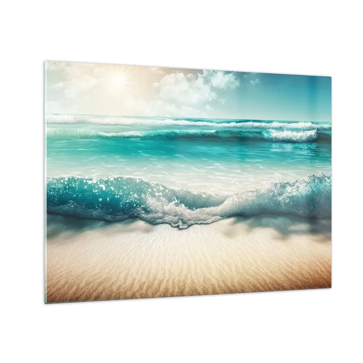 Obraz na skle - Tyrkysové oceánske vlny šľahajúce o piesočnatú pláž - 70x50cm - Kľud oceánu - Moderná nástenná dekorácia do obývacej izby a spálne ARTTOR