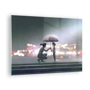 Obraz na skle - Postavy v daždi s dáždnikmi na pozadí nočných svetiel - 70x50cm - A všetko je v poriadku - Moderná nástenná dekorácia do obývacej izby a spálne ARTTOR