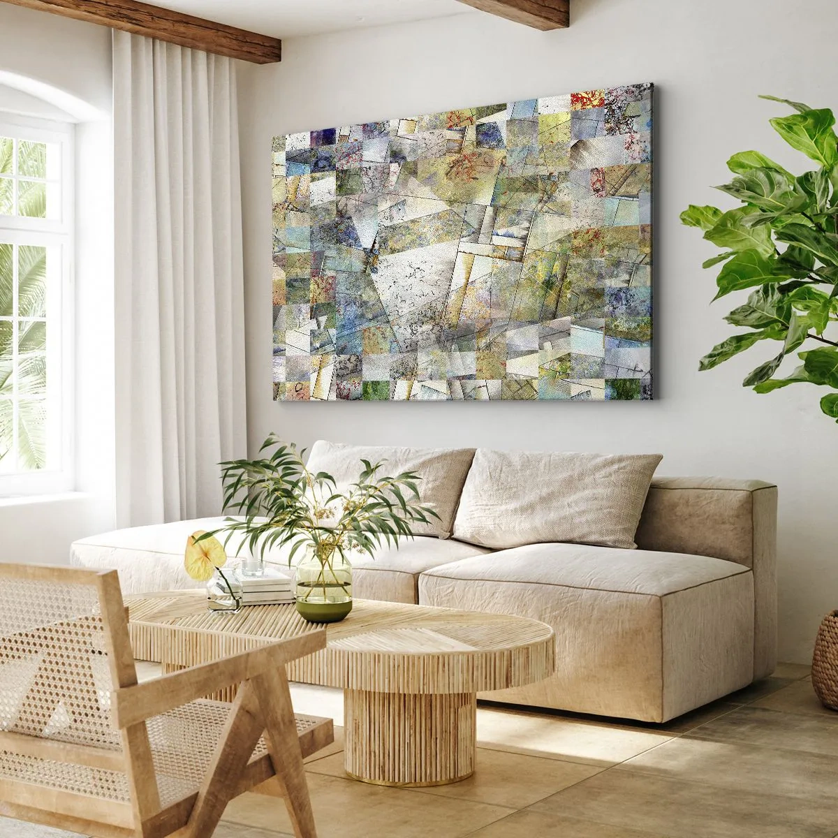 Obraz na plátne - Farebná abstrakcia s geometrickými tvarmi a čiarami - 70x50cm - Geometrické preskupenie - Moderná nástenná dekorácia do obývacej izby a spálne ARTTOR