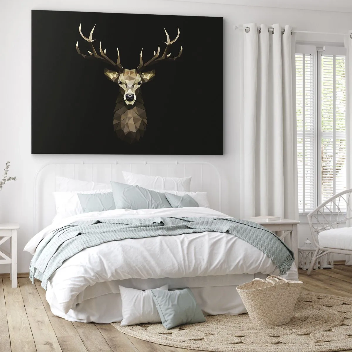 Obraz na plátne - Geometrický polygón jeleň na čiernom pozadí - 70x50cm - Kubistický jeleň - Moderná nástenná dekorácia do obývacej izby a spálne ARTTOR