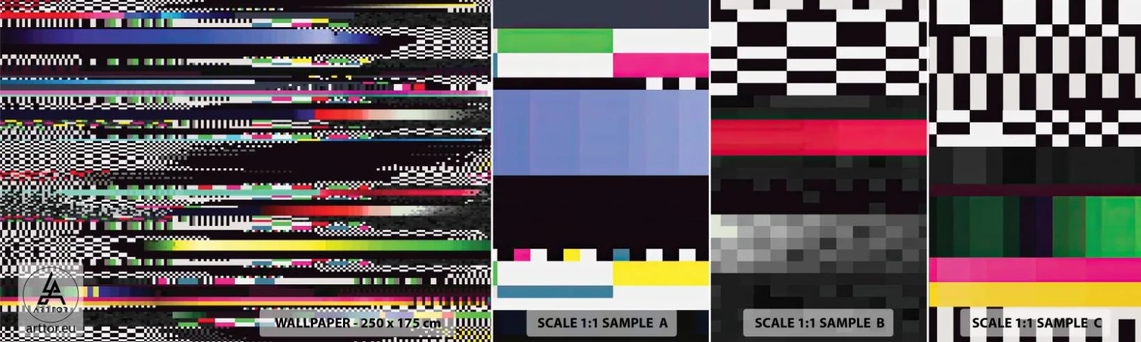 Vzorka samolepiacej fototapety Deluxe Sticker - Kontrolný obraz skutočnosti - Abstrakcia, Kus, Digitálny šum - 100x30 cm