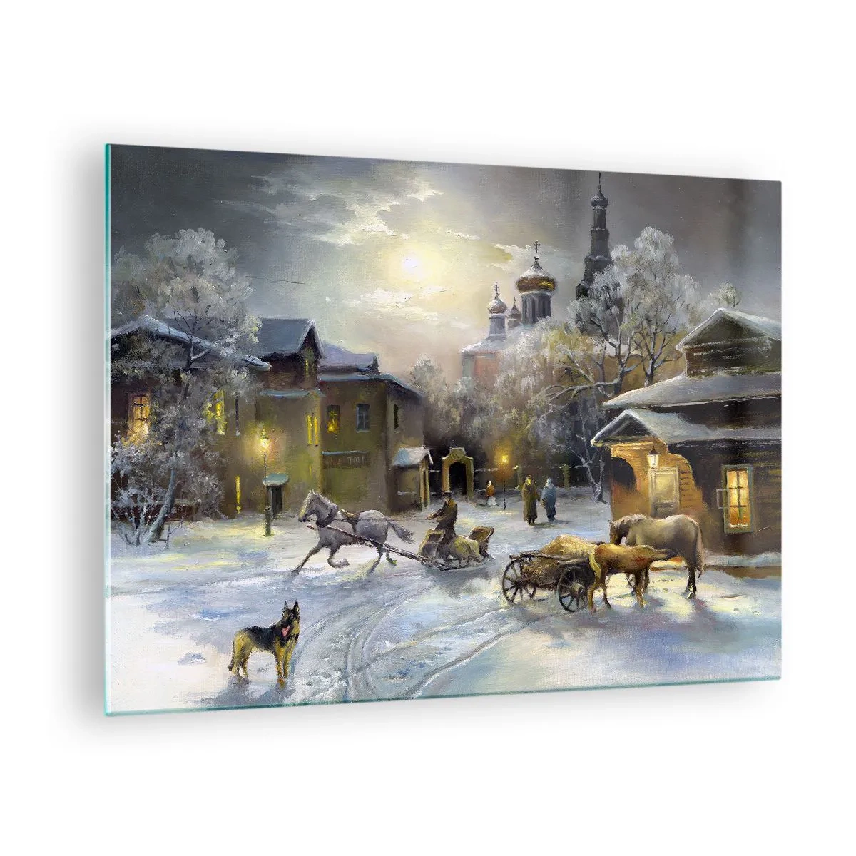 Obraz na skle - Zimná panoráma mesta osvetlená mesačným svetlom - 70x50cm - Kúzlo ruskej zimy - Moderná nástenná dekorácia do obývacej izby a spálne ARTTOR