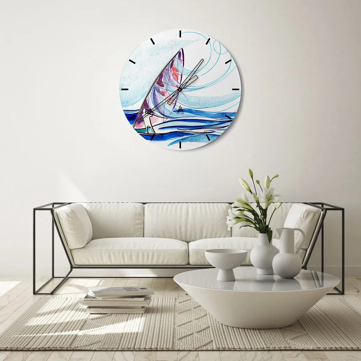 Nástenné hodiny - Plachetnica na rozbúrenom mori v dynamickej, abstraktnej forme - 30x30cm - S vetrom v rytme vĺn - Moderná nástenná dekorácia do obývacej izby, kuchyne a spálne ARTTOR