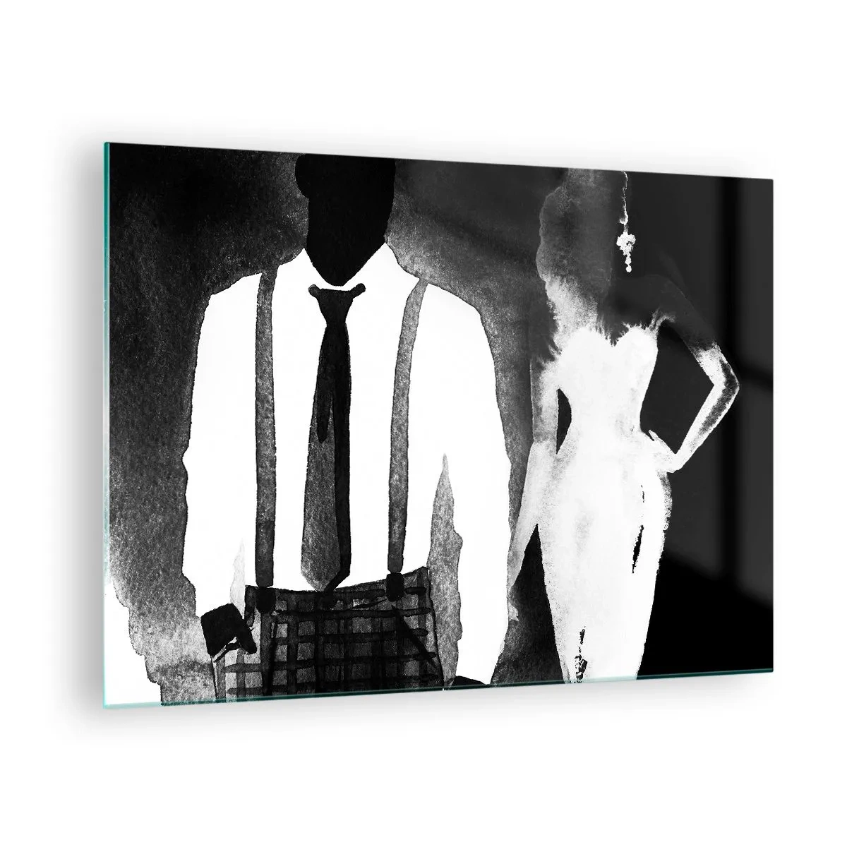 Obraz na skle - Čierna a biela silueta elegantného noir páru - 70x50cm - V štýle noir - Moderná nástenná dekorácia do obývacej izby a spálne ARTTOR