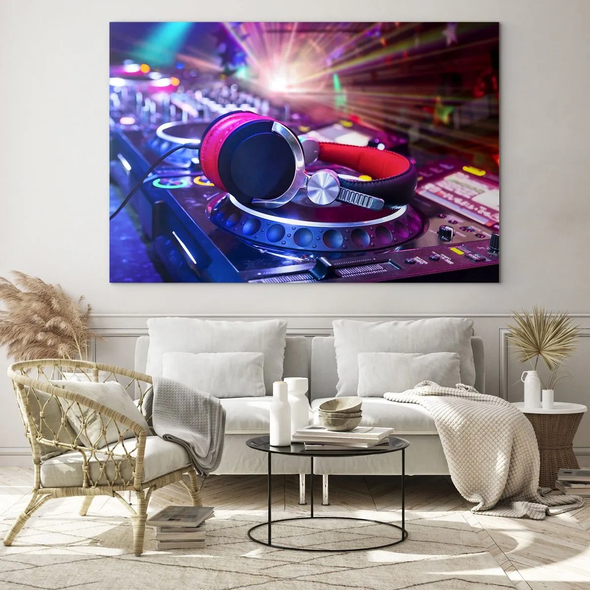 Obraz na skle - DJ vybavenie s farebnými svetlami a slúchadlami - 70x50cm - Bude, bude sa diať - Moderná nástenná dekorácia do obývacej izby a spálne ARTTOR
