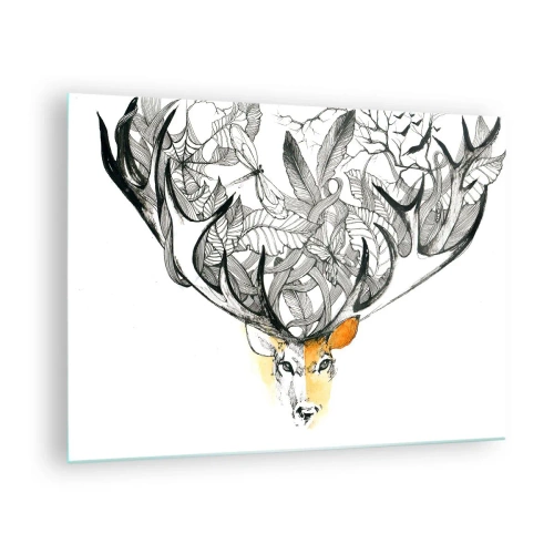 Obraz na skle - Kresba jeleňa s ozdobnými parohmi - 70x50cm - Rohy hojnosti - Moderná nástenná dekorácia do obývacej izby a spálne ARTTOR