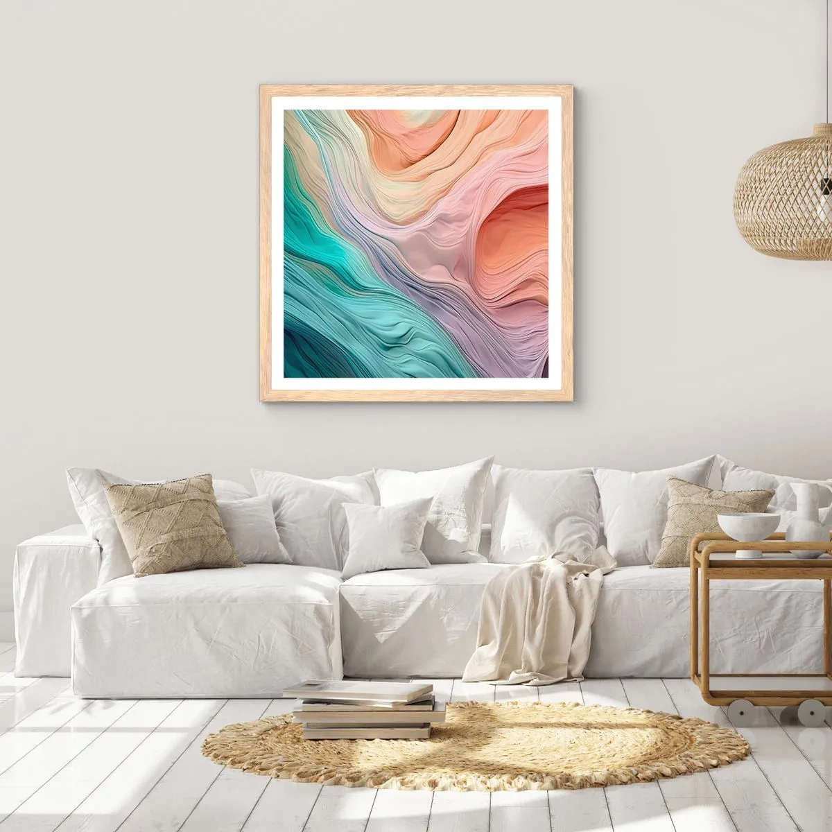 Plagát v ráme zo svetlého duba - Dúhová vlna - 50x50 cm