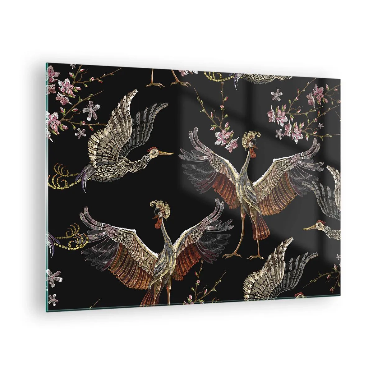 Obraz na skle - Vtáky za letu s kvetmi na čiernom pozadí, retro štýl - 70x50cm - Rozprávkový vták - Moderná nástenná dekorácia do obývacej izby a spálne ARTTOR