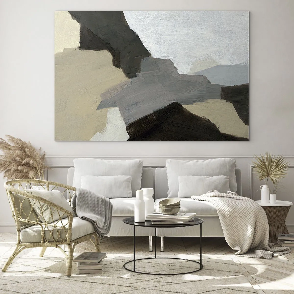Obraz na skle - Moderná abstraktná kompozícia v odtieňoch sivej - 70x50cm - Abstrakcia: križovatka šedej - Moderná nástenná dekorácia do obývacej izby a spálne ARTTOR