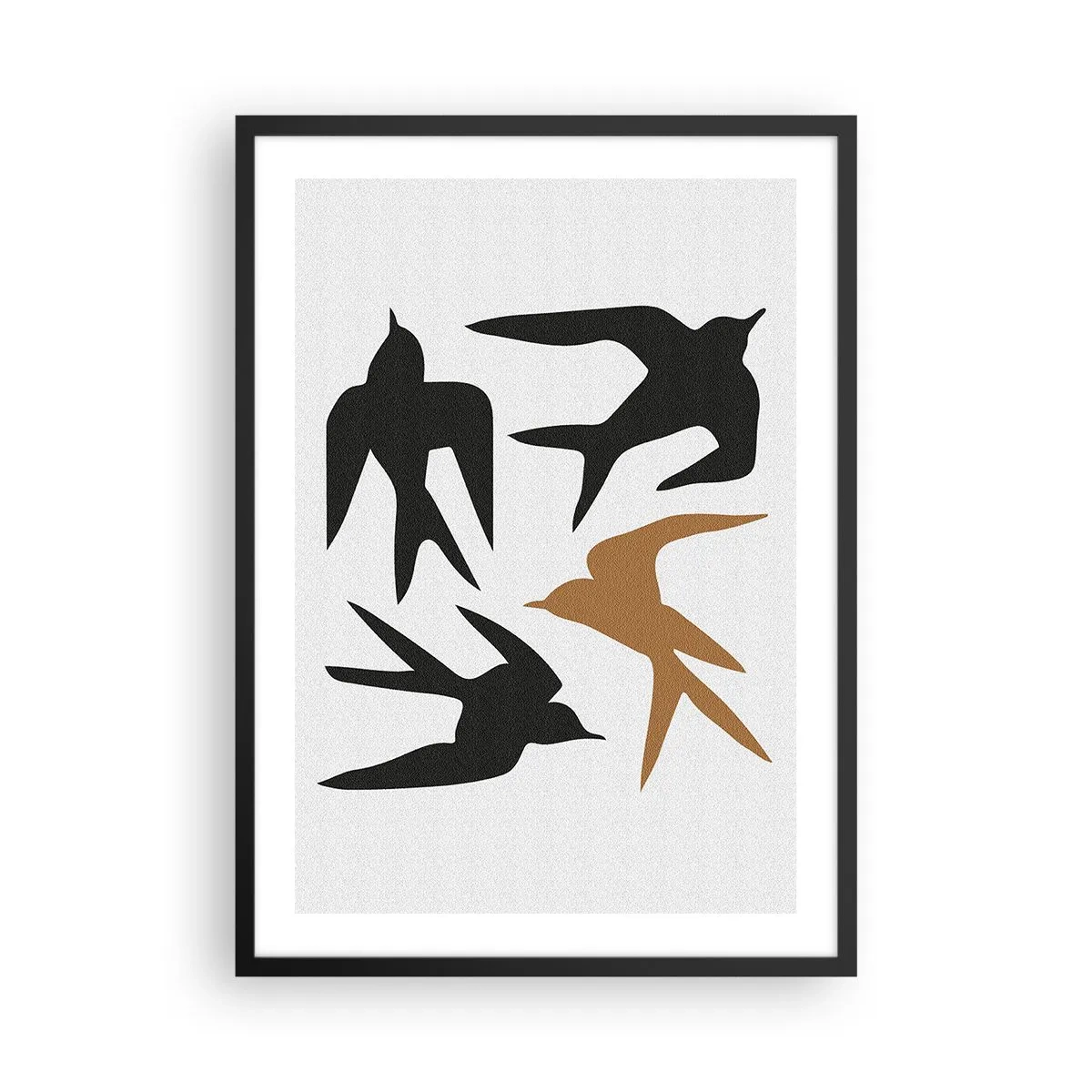 Plagát v čiernom ráme - Štylizované siluety lastovičiek na svetlom pozadí - 50x70cm - Lastovičky - Moderná nástenná dekorácia do obývacej izby a spálne ARTTOR