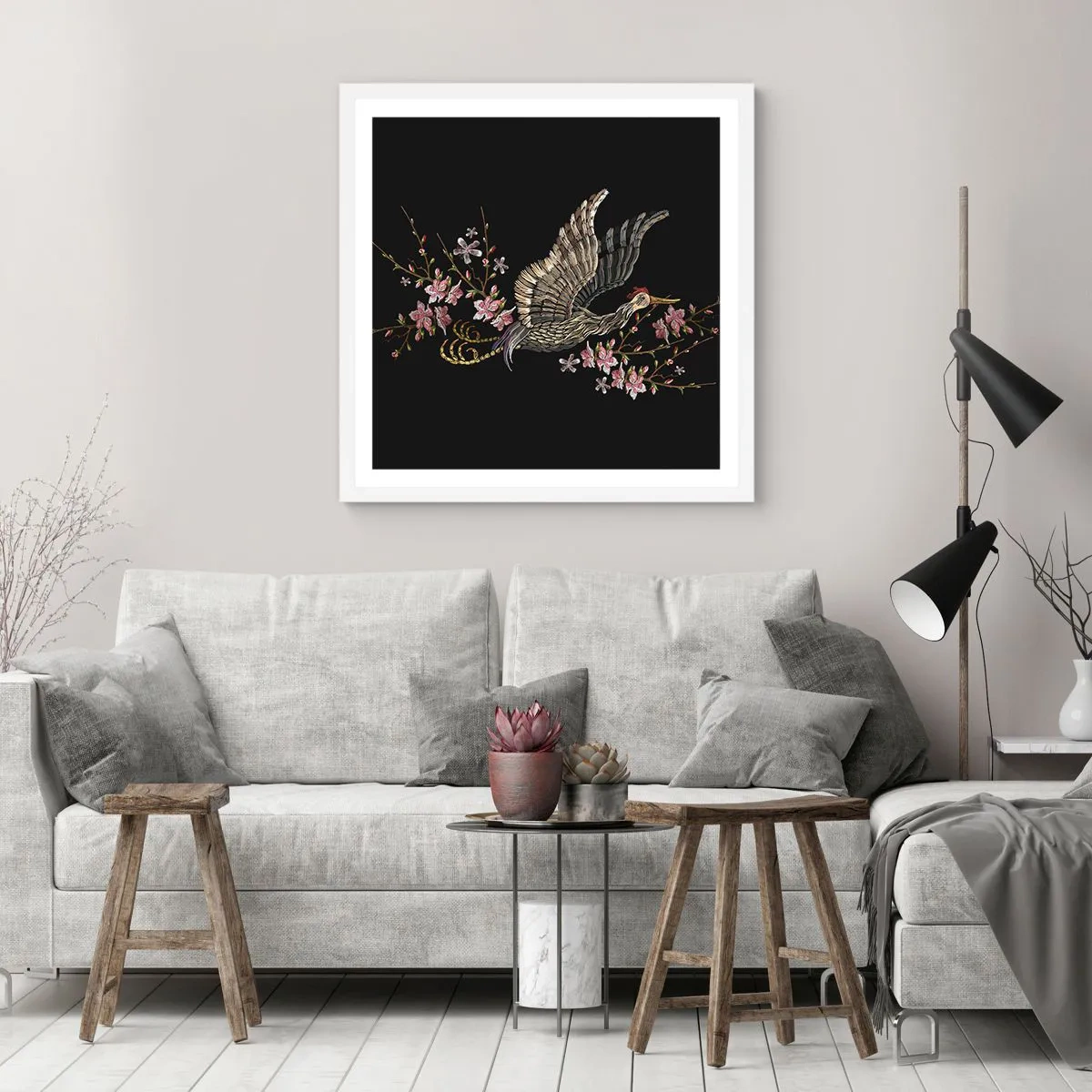 Plagát v bielom ráme - Exotický vyšívaný vták - 40x40 cm