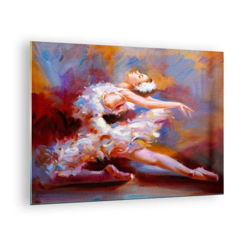 Obraz na skle - Baletka v dynamickej póze na pozadí abstraktných farieb. - 70x50cm - Labutia elegancia - Moderná nástenná dekorácia do obývacej izby a spálne ARTTOR