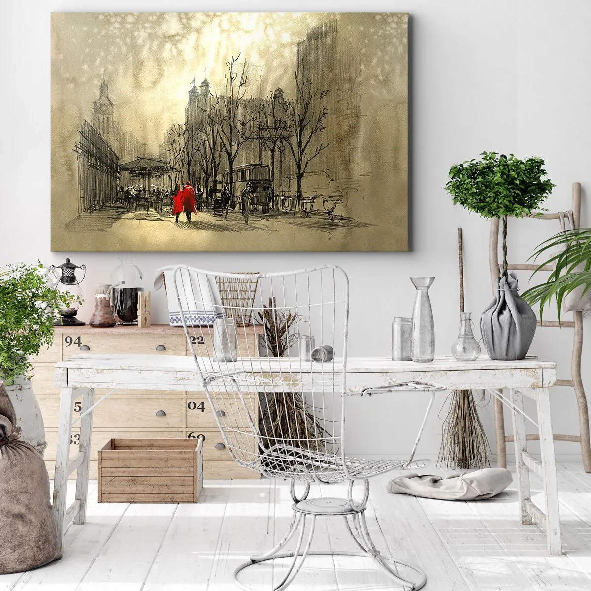 Obraz na plátne - Červená postava v nostalgickom mestskom prostredí - 70x50cm - Rande v londýnskej hmle - Moderná nástenná dekorácia do obývacej izby a spálne ARTTOR