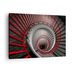 Obraz na plátne - Točité schodisko s červenými zábradlím v dynamickej perspektíve - 70x50cm - Architektonické hry - Moderná nástenná dekorácia do obývacej izby a spálne ARTTOR