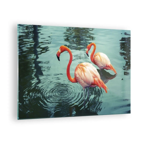 Obraz na skle - Plameniaky na vode v harmonickom zložení - 70x50cm - Teraz sme v móde - Moderná nástenná dekorácia do obývacej izby a spálne ARTTOR