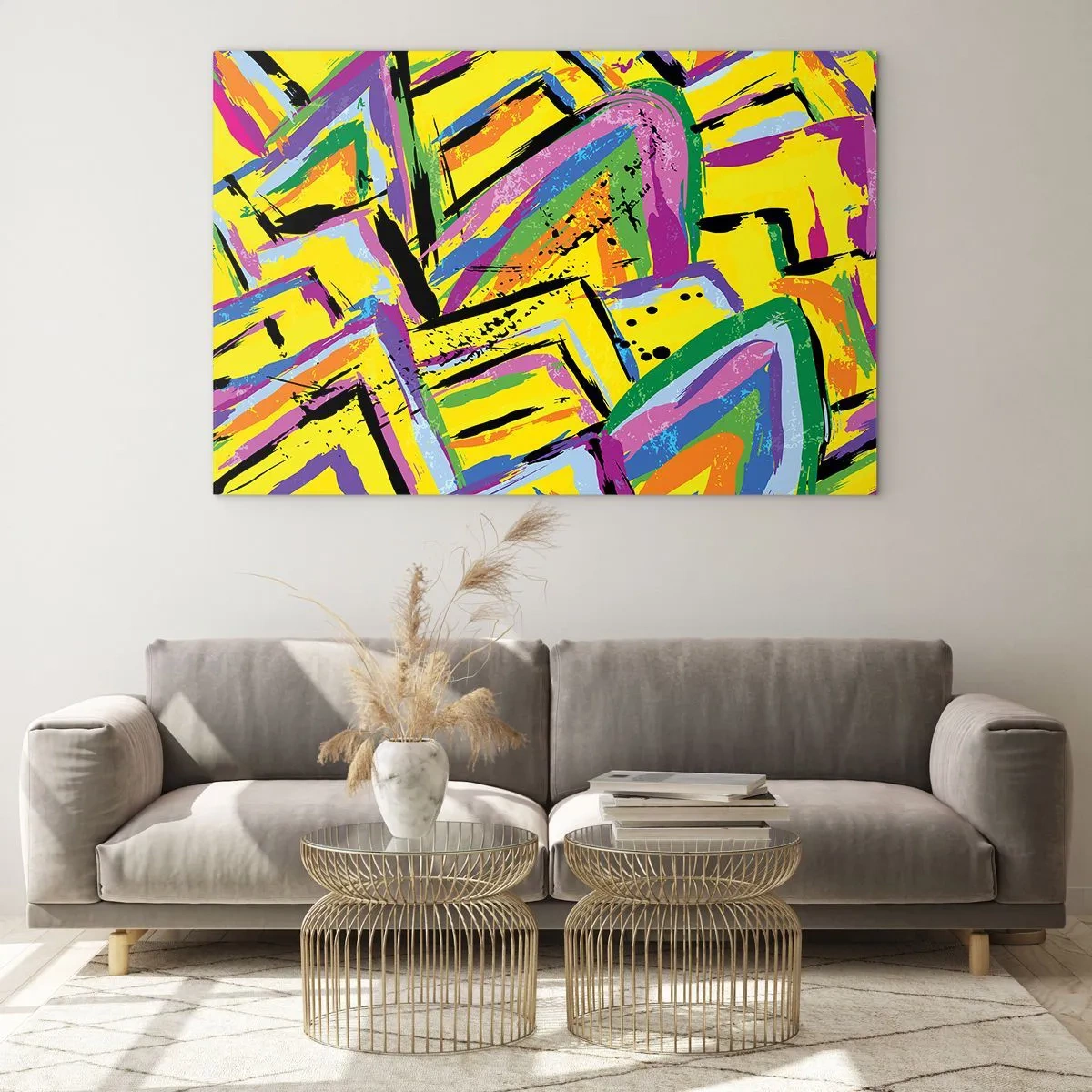 Obraz na skle - Intenzívna abstrakcia v jasných farbách na žltom pozadí - 70x50cm - Až kričí radosťou - Moderná nástenná dekorácia do obývacej izby a spálne ARTTOR