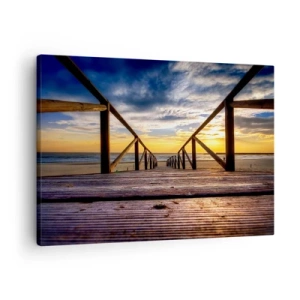 Obraz na plátne - Drevené mólo vedúce na pláž pri západe slnka - 70x50cm - Priamo na tichú pláž pri západe slnka - Moderná nástenná dekorácia do obývacej izby a spálne ARTTOR