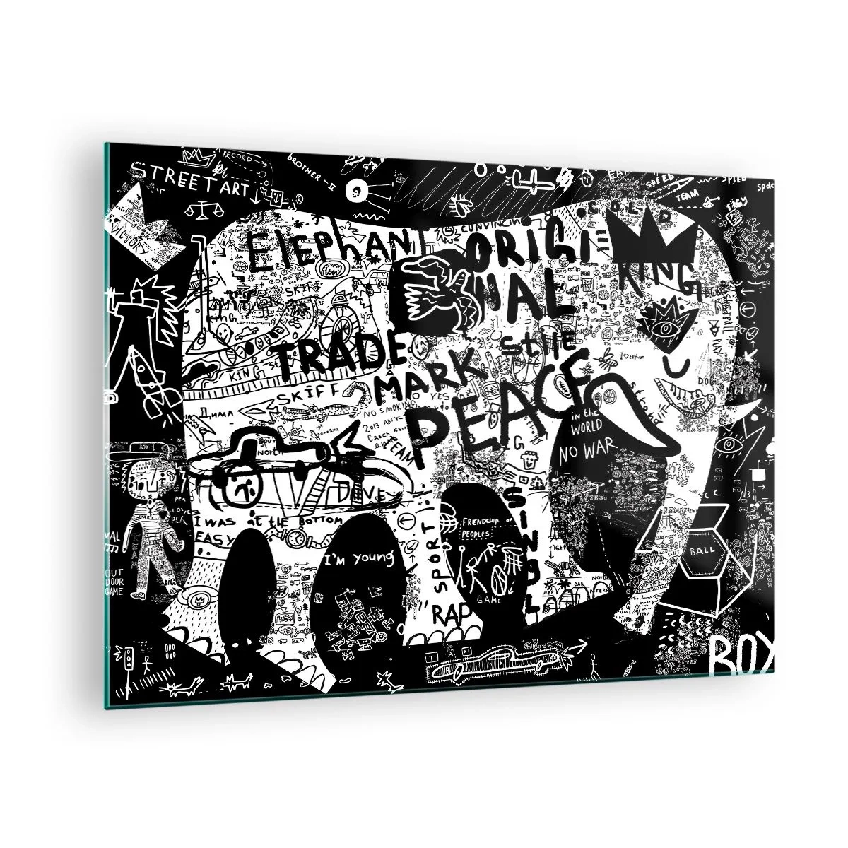 Obraz na skle - Čiernobiele graffiti s témami mieru a slobody - 70x50cm - Bohatý svet ulice - Moderná nástenná dekorácia do obývacej izby a spálne ARTTOR
