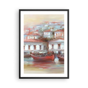 Plagát v čiernom ráme - Farebné mestečko s loďkami na brehu - 50x70cm - Šťastné mestečko - Moderná nástenná dekorácia do obývacej izby a spálne ARTTOR