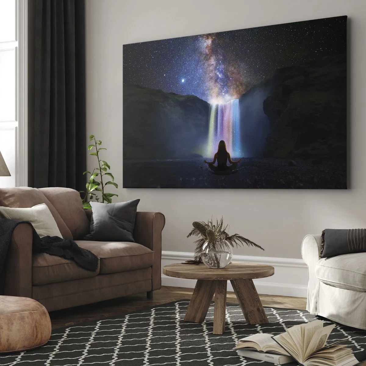 Obraz na plátne - Meditácia pred vodopádom medzi hviezdami - 70x50cm - Absolútna harmónia - Moderná nástenná dekorácia do obývacej izby a spálne ARTTOR