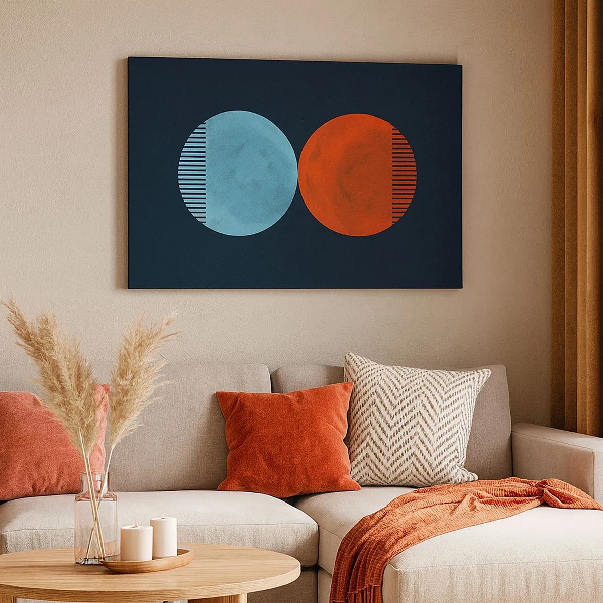 Obraz na plátne - Minimalistický dizajn dvoch koliesok v modrej a oranžovej farbe - 70x50cm - Iba geometria? - Moderná nástenná dekorácia do obývacej izby a spálne ARTTOR