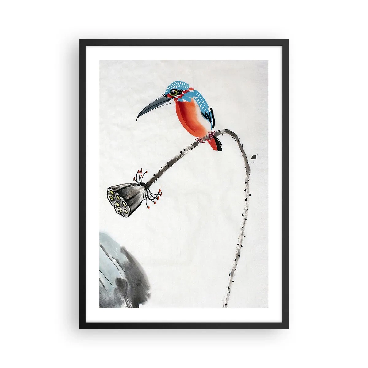 Plagát v čiernom ráme - Farebný rybárik na konári v akvarelovom štýle - 50x70cm - Život lúky - Moderná nástenná dekorácia do obývacej izby a spálne ARTTOR