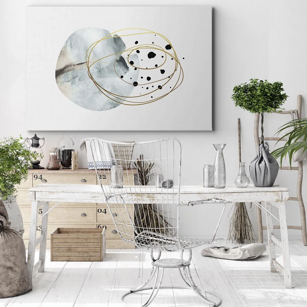 Obraz na plátne - Minimalistická abstrakcia s geometrickým vzorom a zlatými čiarami - 70x50cm - V objatí priestoru - Moderná nástenná dekorácia do obývacej izby a spálne ARTTOR