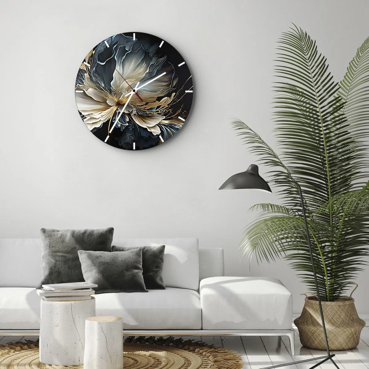 Nástenné hodiny - Elegantný kvet s plynulými tvarmi v zlatej a tmavomodrej farbe. - 30x30cm - Rozprávkový kvet papradia - Moderná nástenná dekorácia do obývacej izby, kuchyne a spálne ARTTOR
