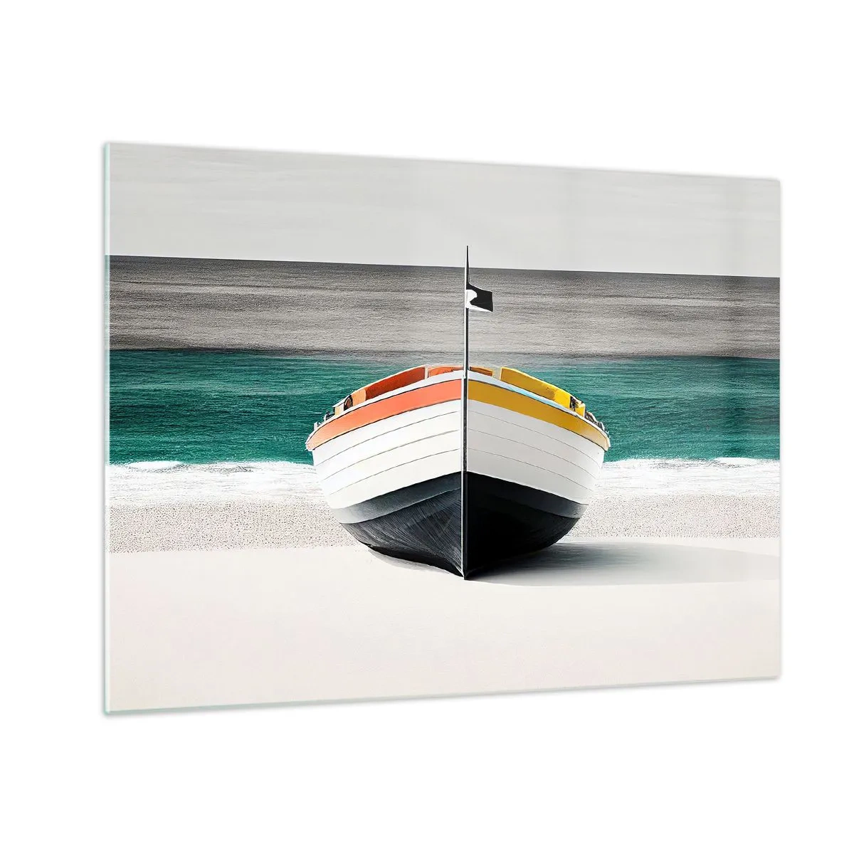 Obraz na skle - Farebná loď na pláži s tyrkysovým morom v pozadí - 70x50cm - Na správnom mieste - Moderná nástenná dekorácia do obývacej izby a spálne ARTTOR
