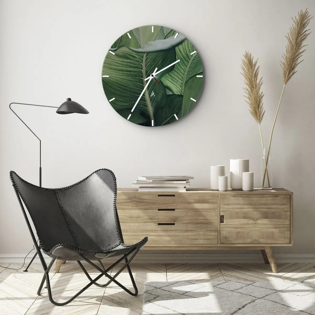 Nástenné hodiny - Detailný záber na intenzívne zelené tropické listy - 30x30cm - Intenzívne zelený život - Moderná nástenná dekorácia do obývacej izby, kuchyne a spálne ARTTOR