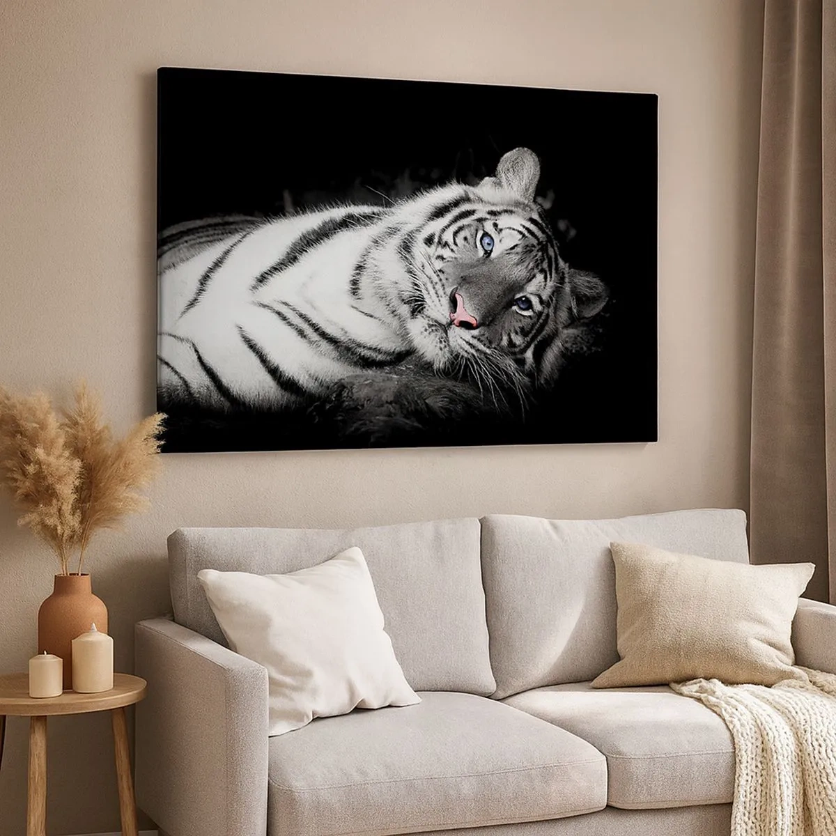 Obraz na plátne - Umelecky vykreslený biely tiger na čiernom pozadí - 70x50cm - Divočina a pokoj - Moderná nástenná dekorácia do obývacej izby a spálne ARTTOR