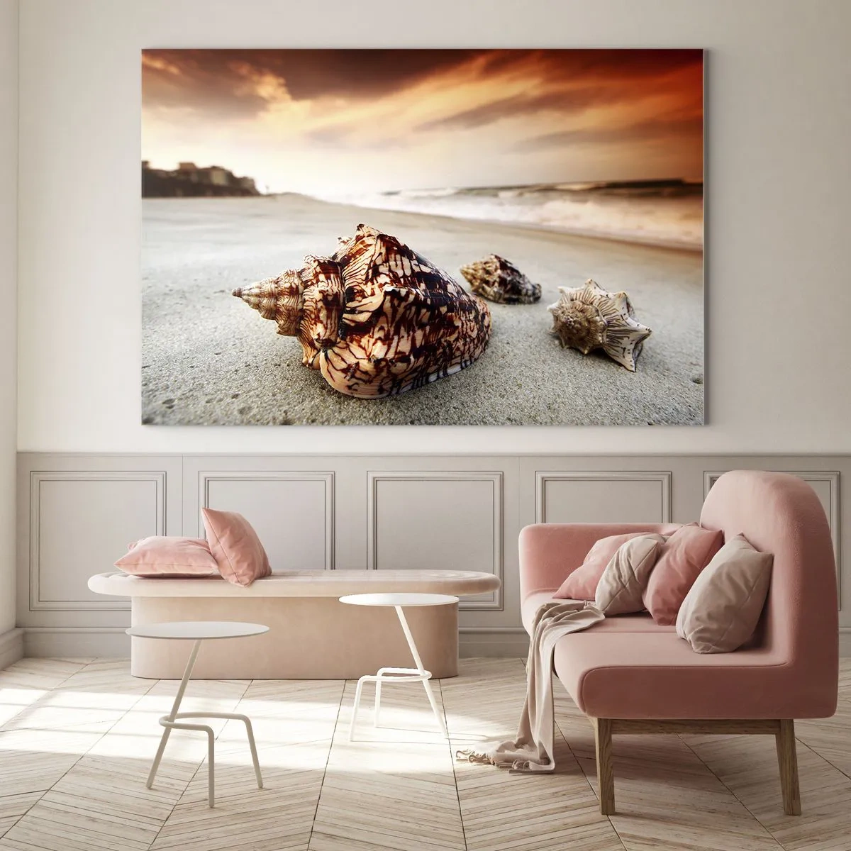 Obraz na skle - Mušle na pláži pri západe slnka - 70x50cm - Vyhnankyne vĺn - Moderná nástenná dekorácia do obývacej izby a spálne ARTTOR