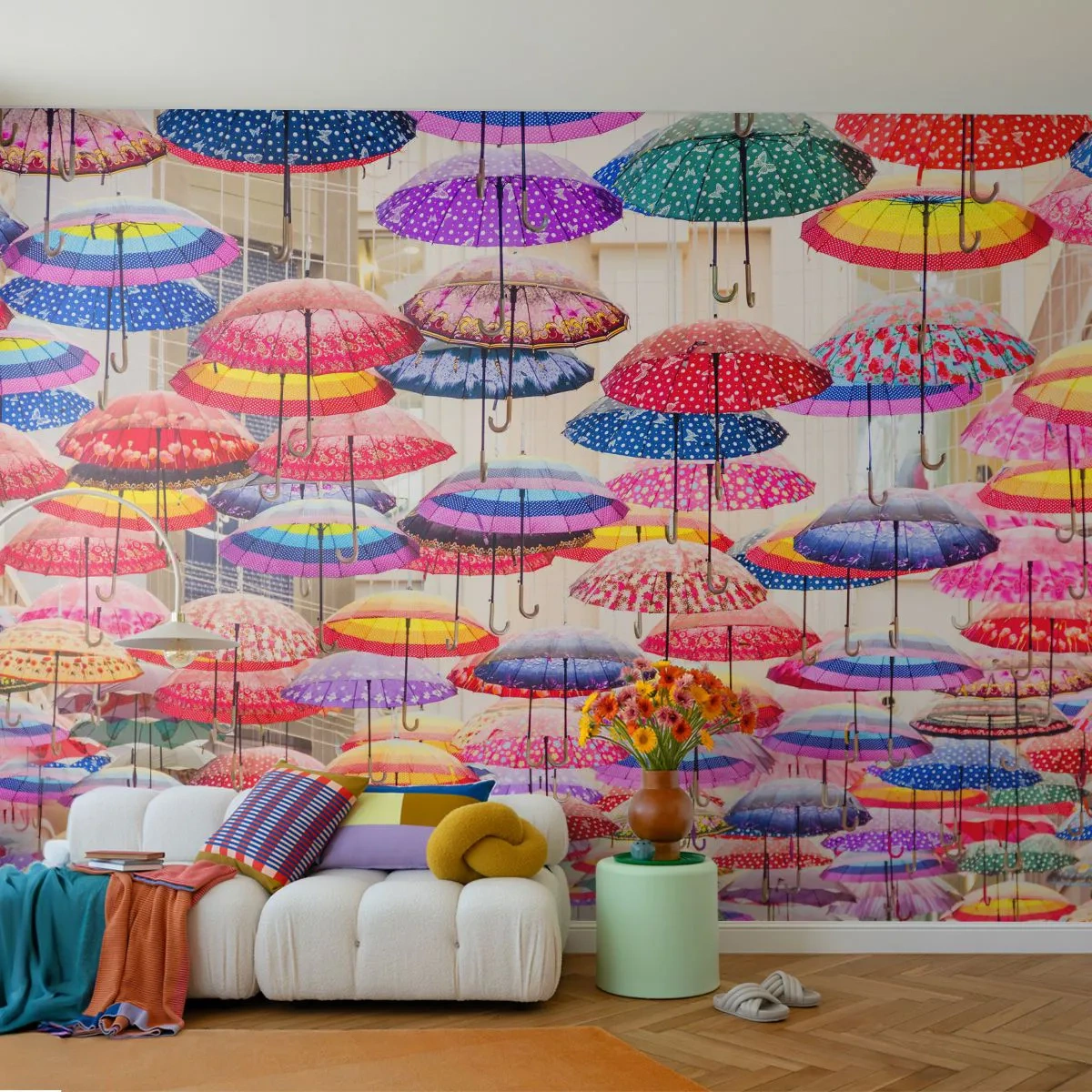 Fototapeta Premium Canvas - Mestská lúka - Mesto, Farebné dáždniky, Kus - 400x280 cm