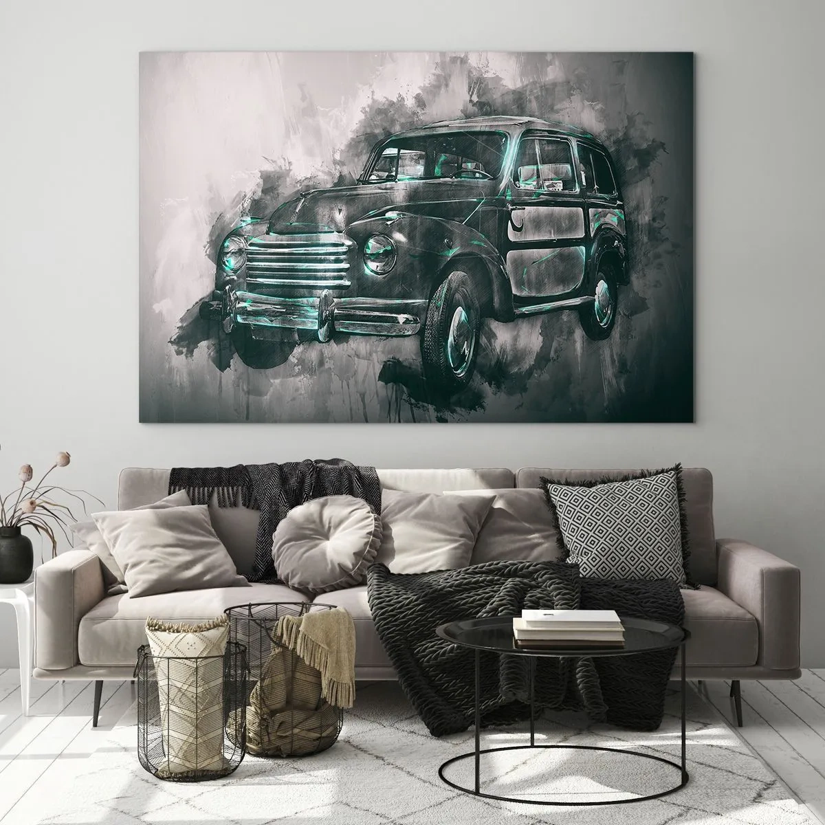 Obraz na skle - Staré auto v odtieňoch sivej a tyrkysovej - 70x50cm - Ctený predok - Moderná nástenná dekorácia do obývacej izby a spálne ARTTOR