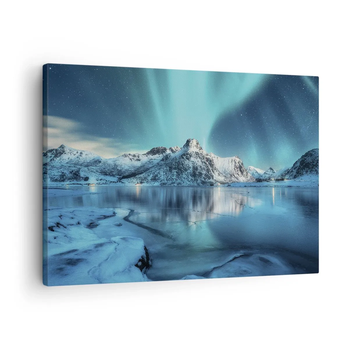 Obraz na plátne - Polárna žiara nad zasneženými horami a jazerom - 70x50cm - Noc plná svetla - Moderná nástenná dekorácia do obývacej izby a spálne ARTTOR