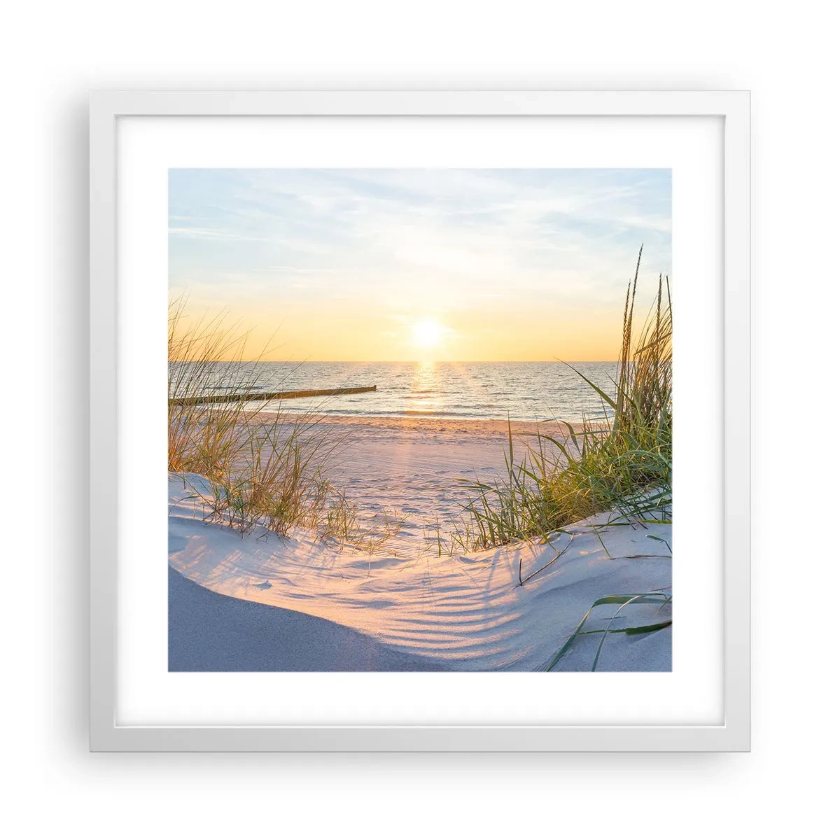 Plagát v bielom ráme - Šumenie mora, spev vtákov, divoká pláž uprostred trávy… - 40x40 cm