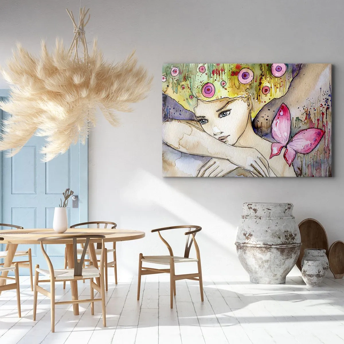 Obraz na plátne - Žena s abstraktným účesom a ružovým motýľom - 70x50cm - Motýlia princezná - Moderná nástenná dekorácia do obývacej izby a spálne ARTTOR